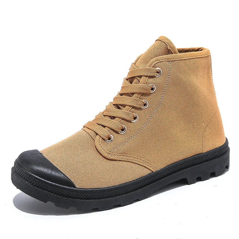 Martin men's outdoor mountaineering canvas boots with low heel wedge sole, solid colour, tall upper