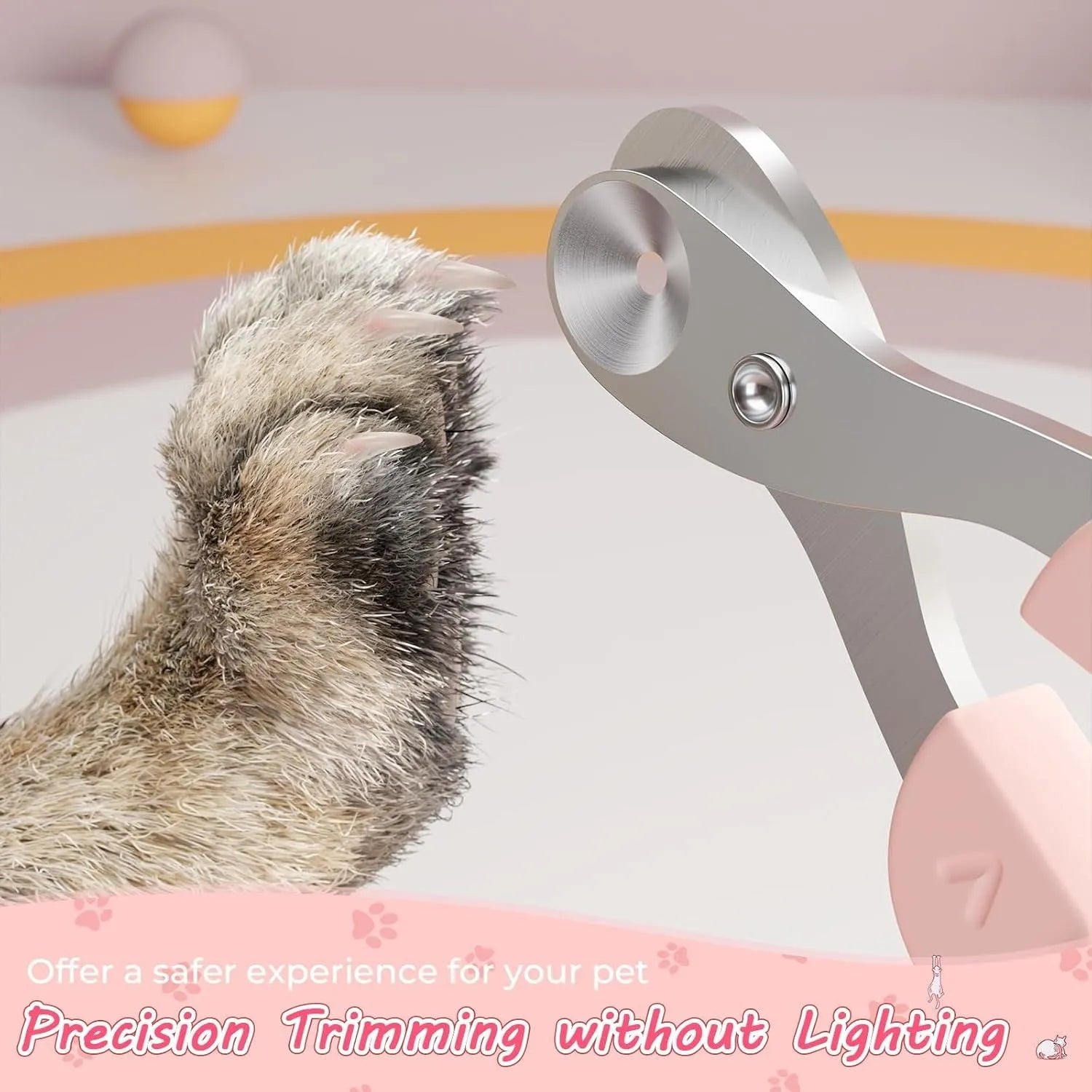 Blue pet nail clipper with a round positioning hole and non-slip handle on a white background.