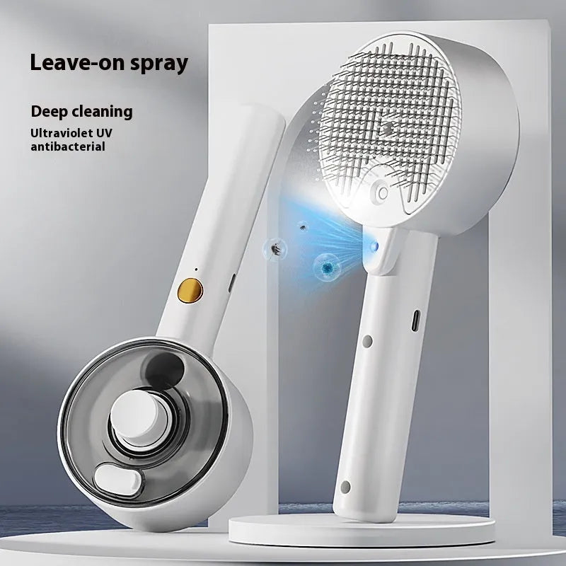 Ceramic white pet grooming brush with spray mist function and blue UV light for dogs and cats