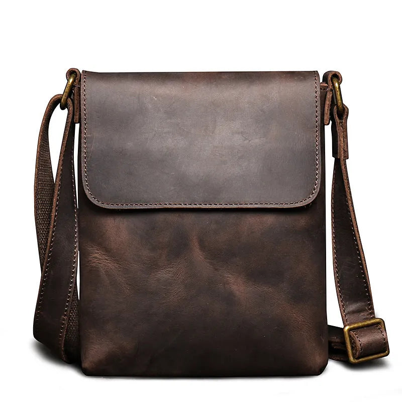 Retro genuine leather messenger bag for men solid colour black daily use