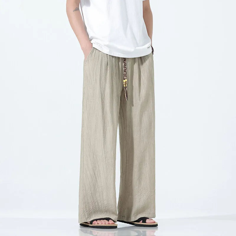 Men's straight-leg bamboo fibre trousers in black, wide leg casual style mid waist fit