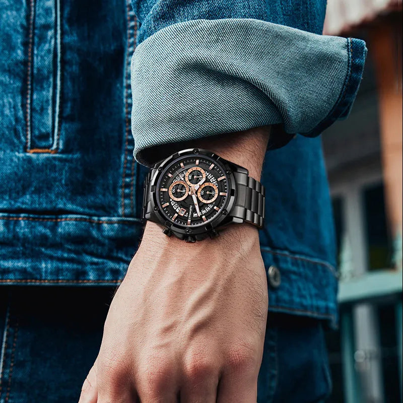 Men's waterproof luminous casual quartz watch with steel belt in black and blue, black and gold, or silver and white colour options