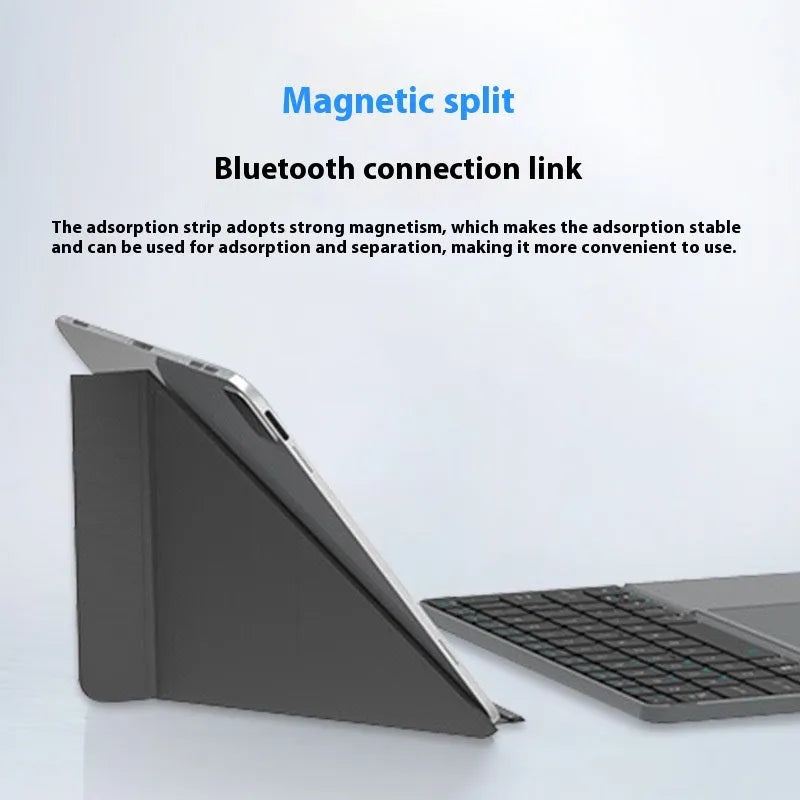 Grey wireless Bluetooth folding keyboard shown in open and closed positions for use with phones and tablets.