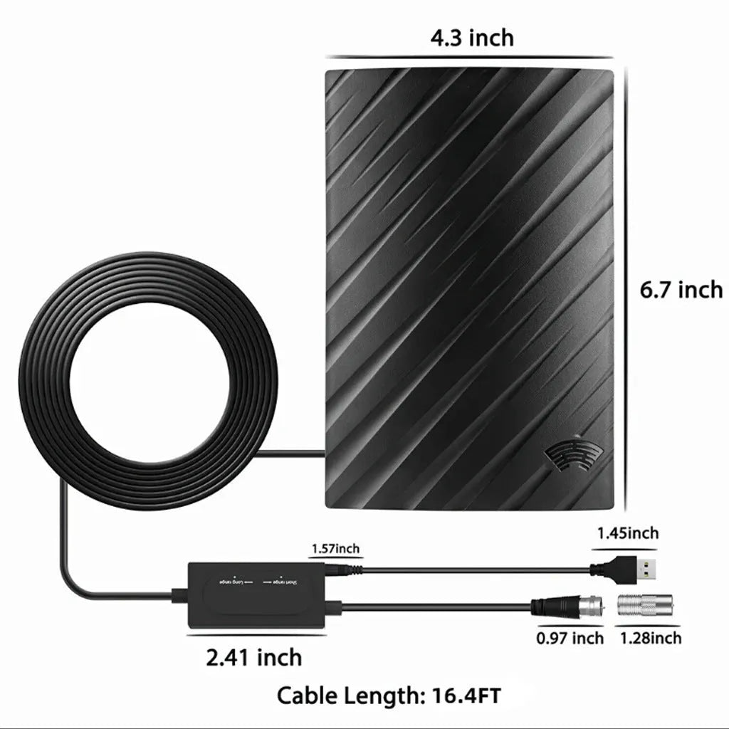 Black digital television antenna with mounting accessories including screws and expansion tubes