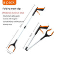 Blue plastic and aluminium alloy folding trash clip for securing a rubbish bag.