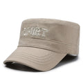 Men's adjustable cotton flat-top peaked cap in army green colour with dome crown.