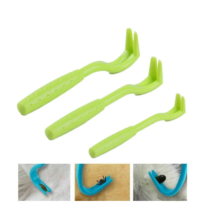 Three blue and green plastic pet tick removal hook tools on a white background.