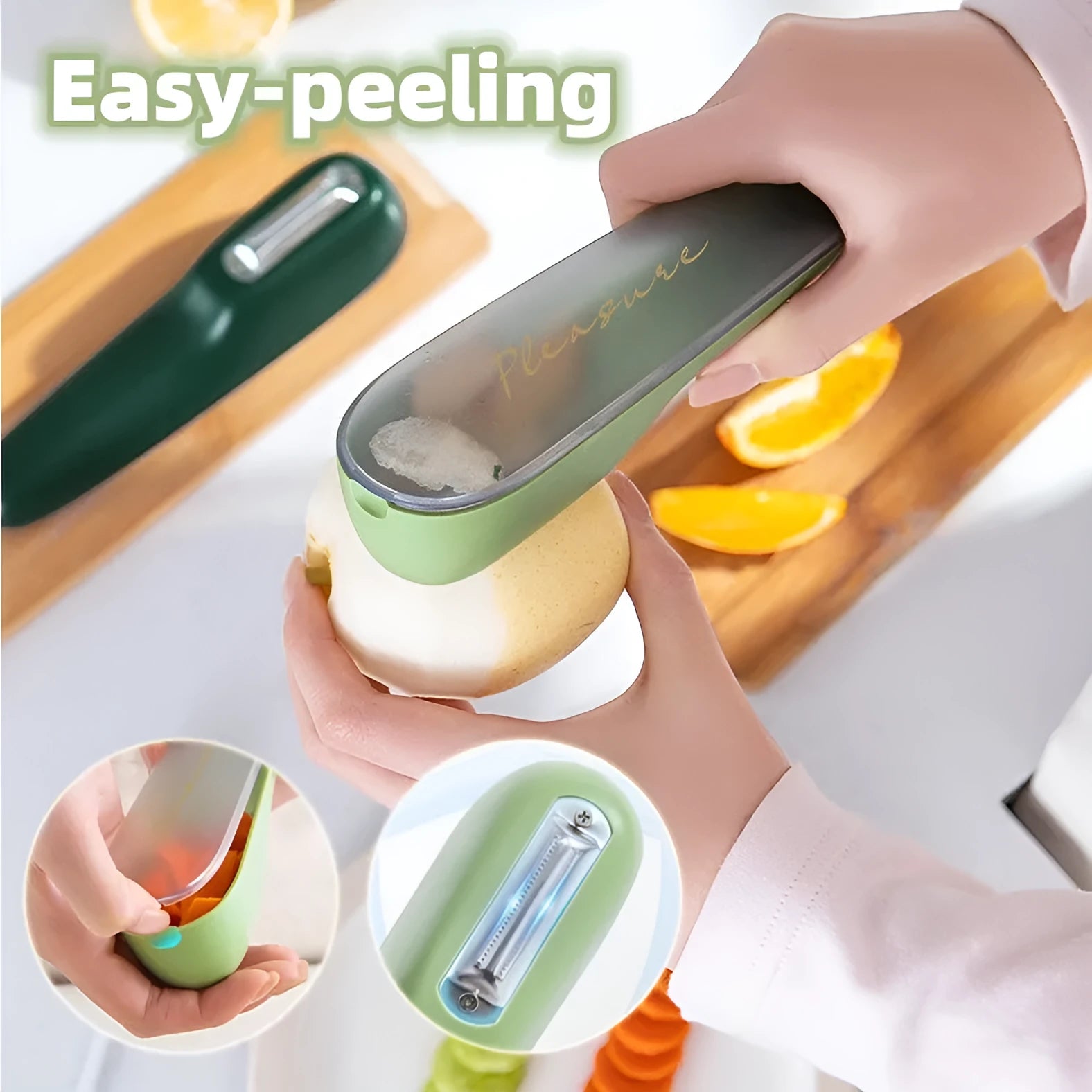 Dark green kitchen peeler with stainless steel blade stored in its tube, next to a potato.