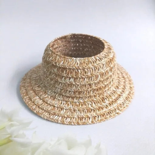 Papyrus straw hat in beige with curtain cloth ear leakage design for sun protection