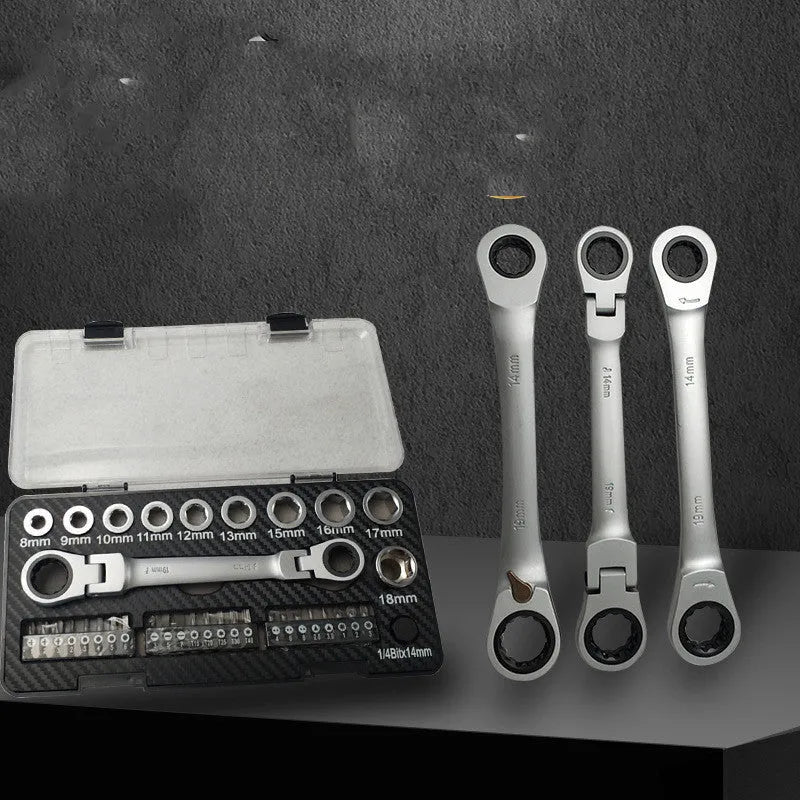 Dual-purpose ratchet wrench set with ten sockets and three bit heads laid out on a work surface.