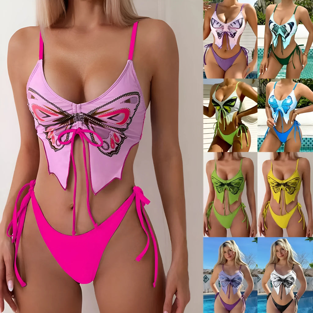 Women's purple bikini suit with bow ins style detail on a split design, made from polyester fabric.