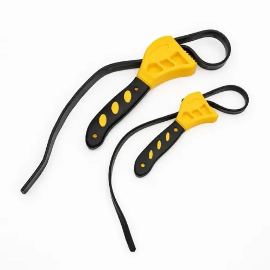Adjustable rubber strap wrench set showing 6-inch and 8-inch models with a plastic rubber handle.
