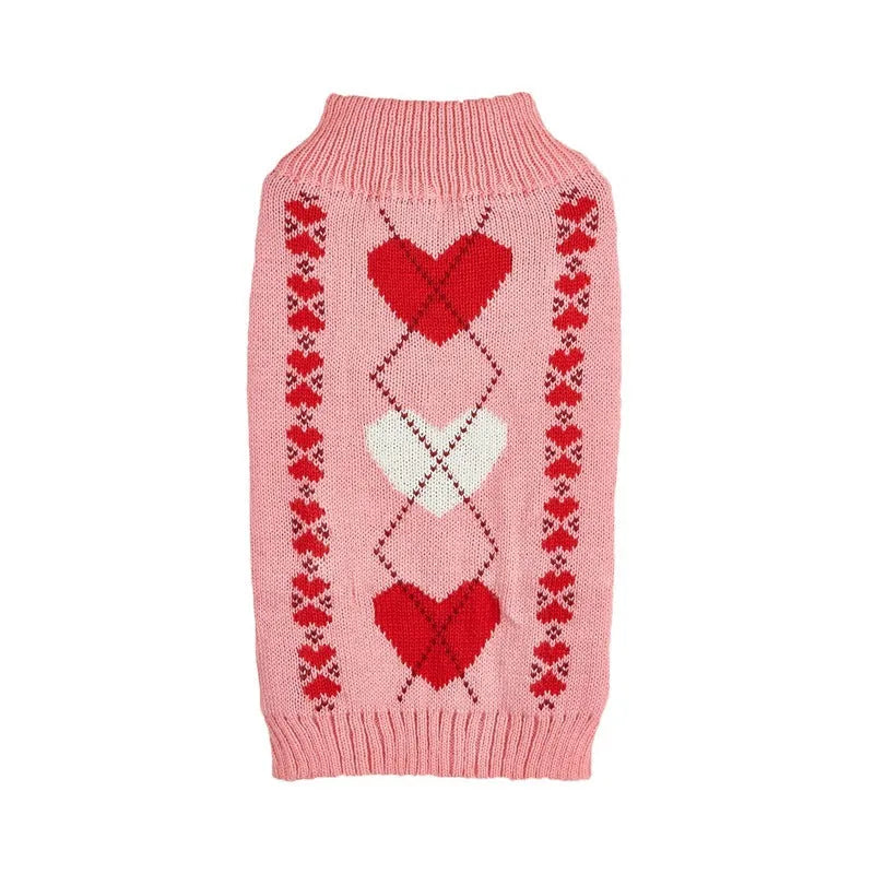 Red love heart design dog sweater with bow detail on acrylic pet clothing