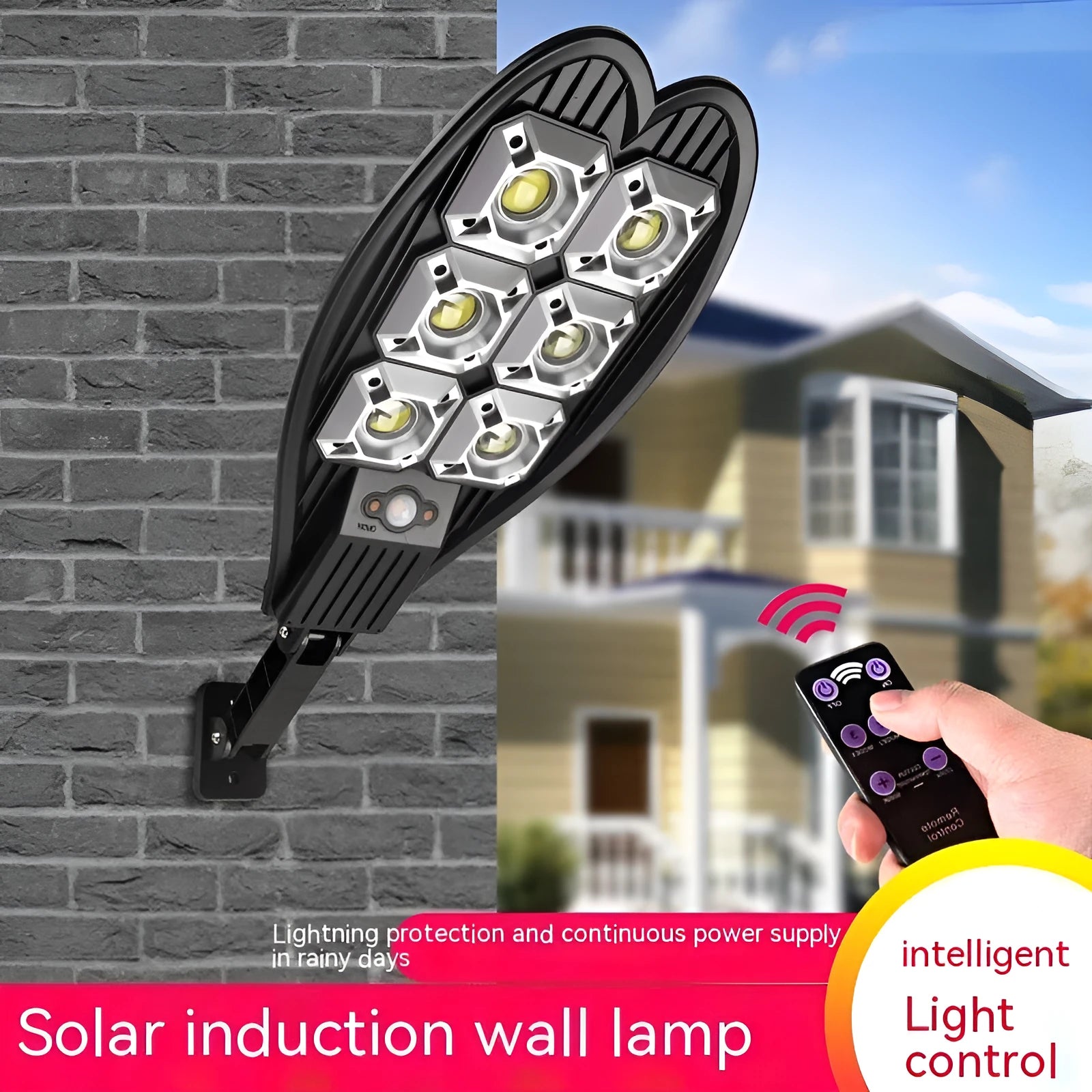 Six-eye sword design solar garden lamp with remote control on a white background.