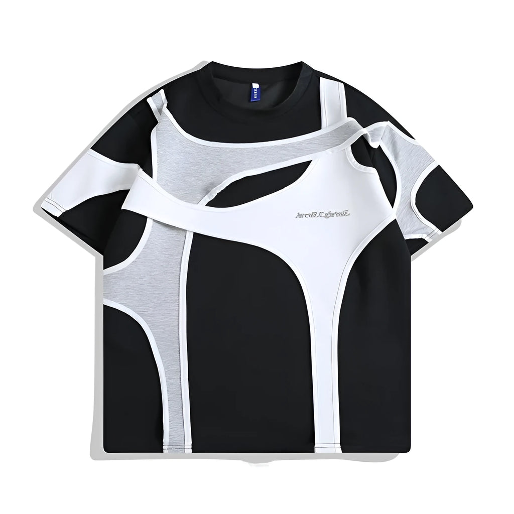 Men's black loose fit t-shirt with round neck, short sleeves, and padded shoulders showing double stitching detail