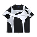 Men's black loose fit t-shirt with round neck, short sleeves, and padded shoulders showing double stitching detail