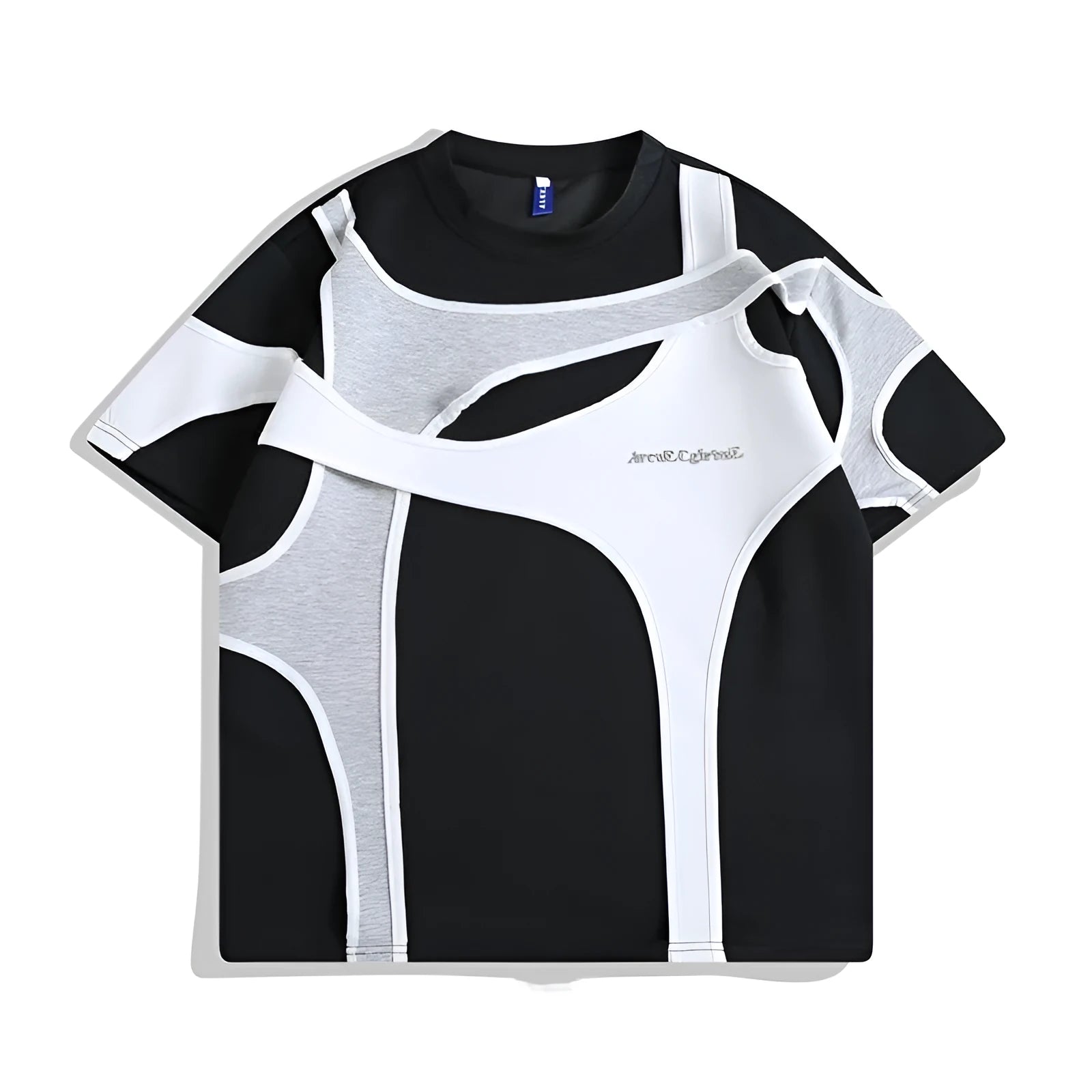 Men's black loose fit t-shirt with round neck, short sleeves, and padded shoulders showing double stitching detail