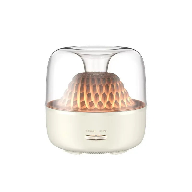 Round resin aroma diffuser with colourful light in beige, on a desktop, with a single fog nozzle