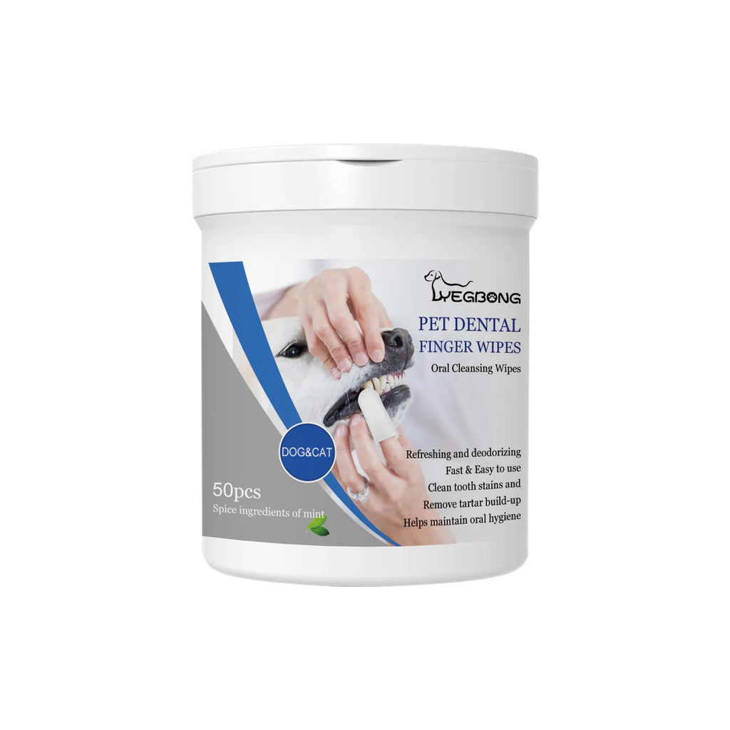 Can of dog teeth cleaning wipes with reusable silicone finger stall for dental care application