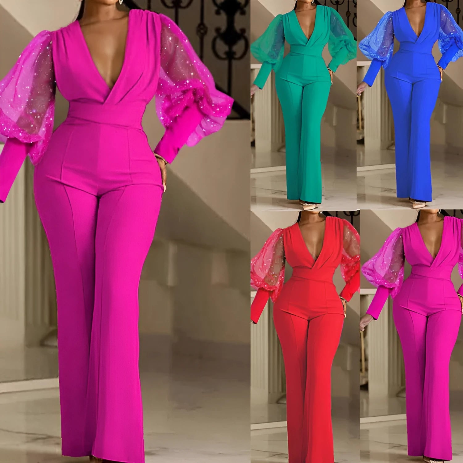 Women's red mesh stitching jumpsuit with long sleeves, elastic waist, and wide-leg trousers on a model.