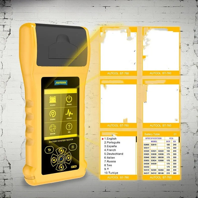 Autool BT760 colour screen car battery tester with clip leads and printed diagnostic receipt.