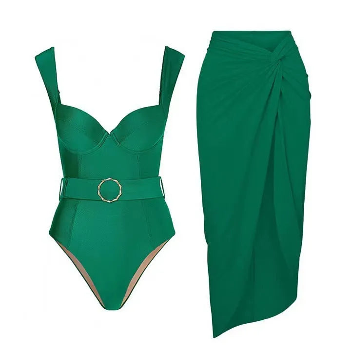 Women's one-piece swimsuit with gauze skirt in polyester fabric, showing sleeveless design