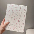 Transparent floral tri-fold iPad case with magnetic stand bracket shown open
