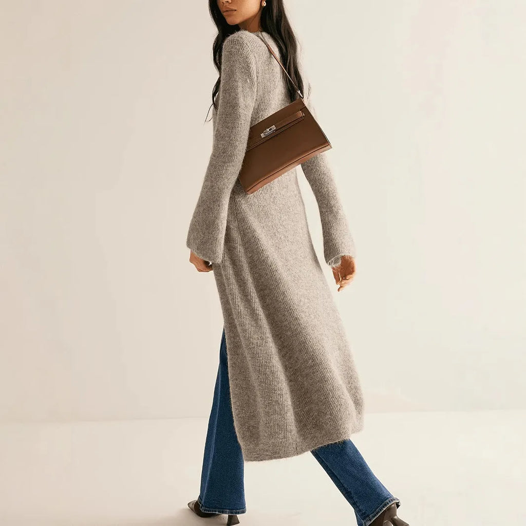 Khaki French retro style women's cardigan coat with button fastenings and long sleeves