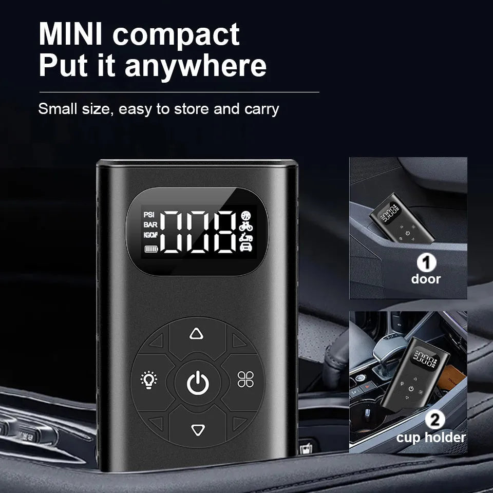 Black aviation aluminium portable power bank tyre inflator with digital display and hose for cars and bikes.