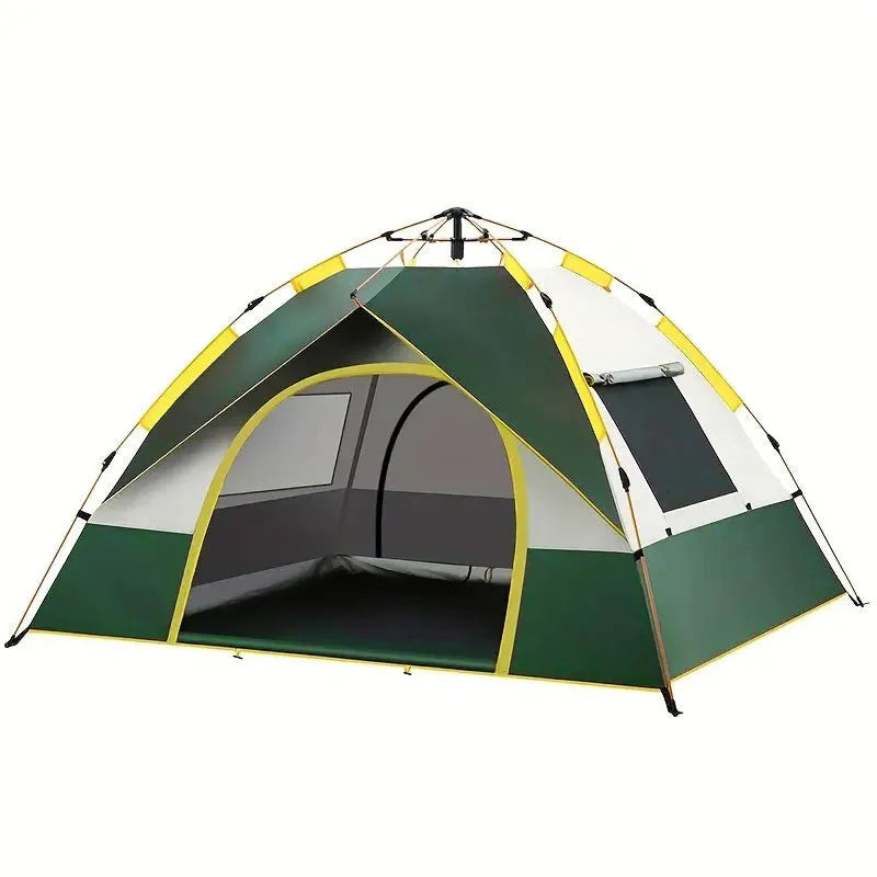 Dark green automatic pop-up camping tent for three to four people, fully set up with door and window open.