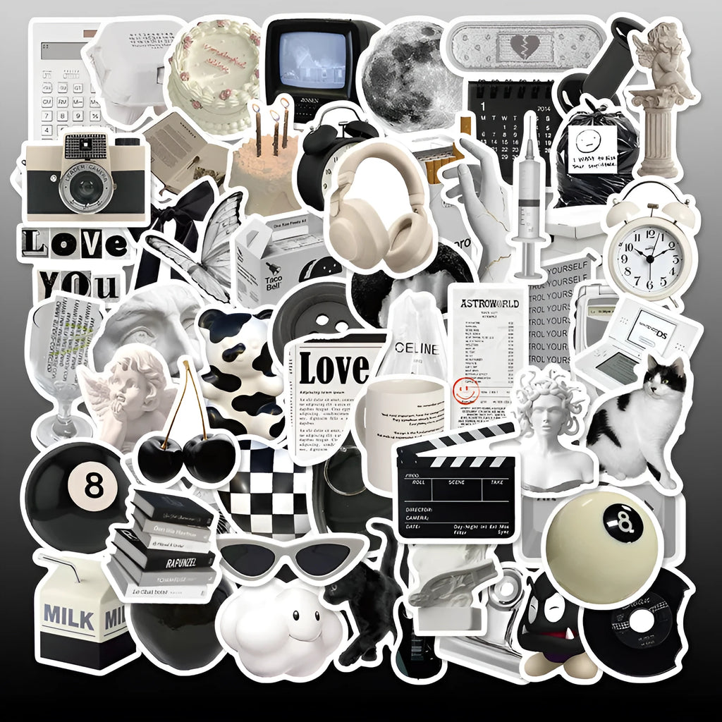 Pack of 61 black and white waterproof PVC stickers for laptops and drinkware.