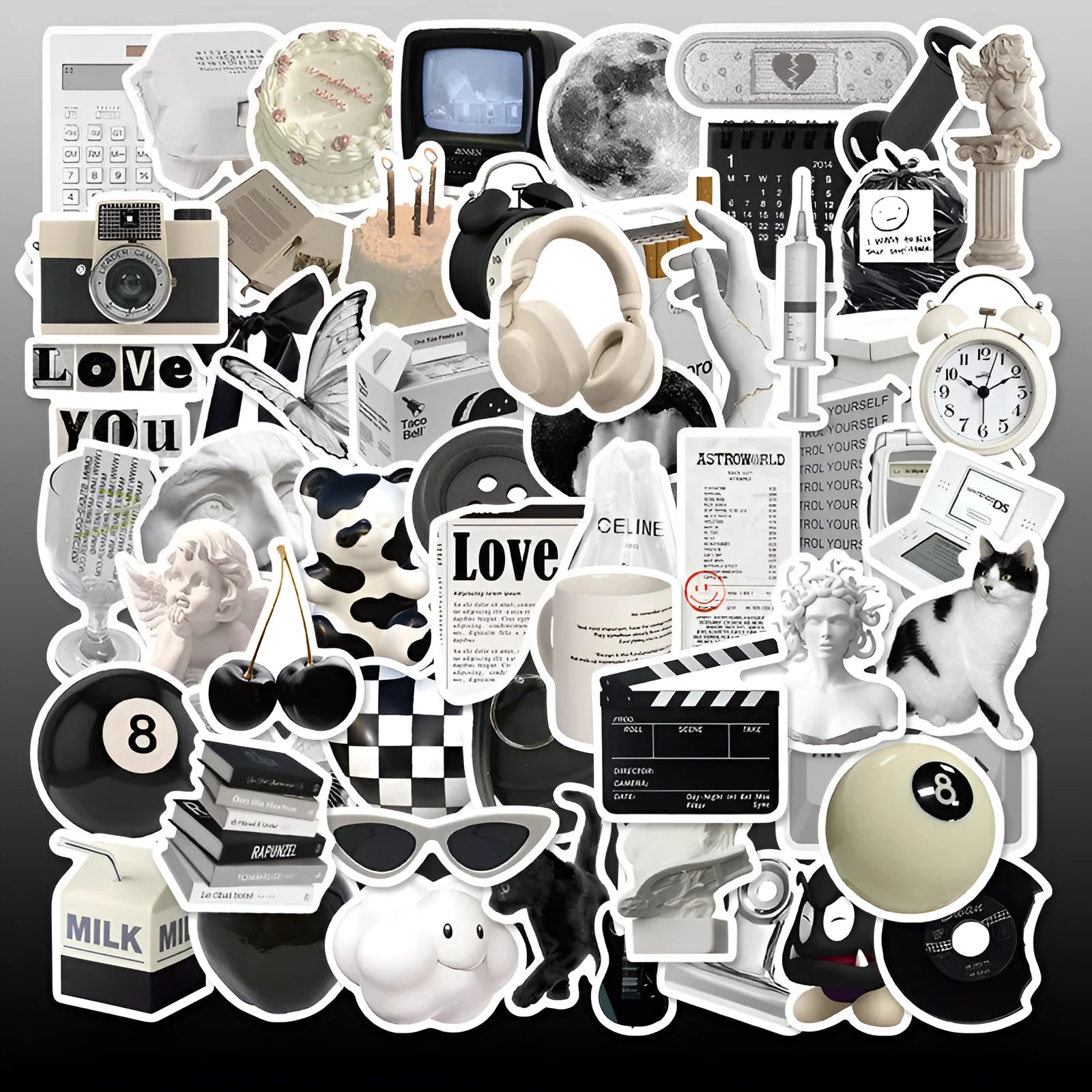 Pack of 61 black and white waterproof PVC stickers for laptops and drinkware.