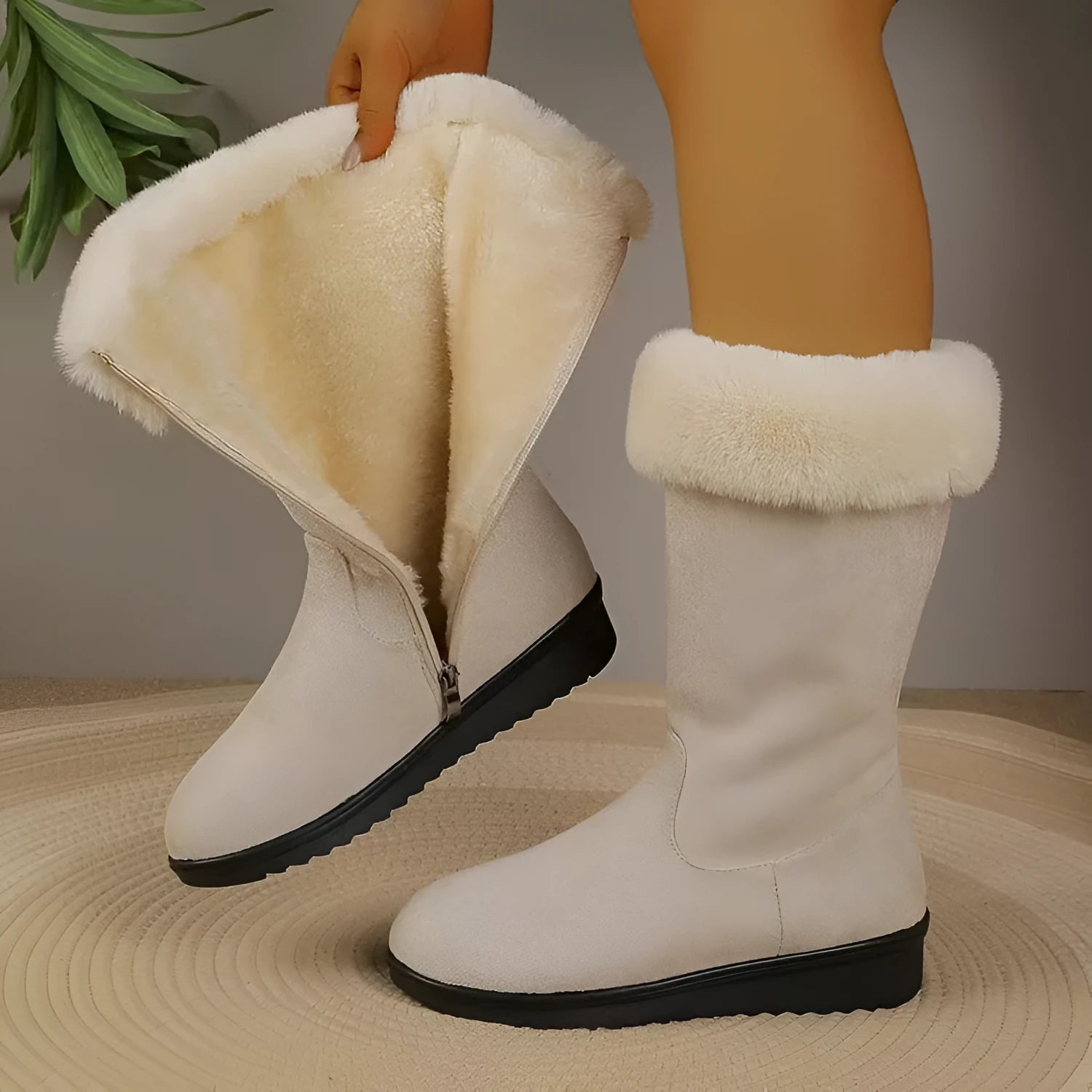 Fleece-lined mid-calf snow boots with waterproof platform, flat heel, round toe, beige and black colours
