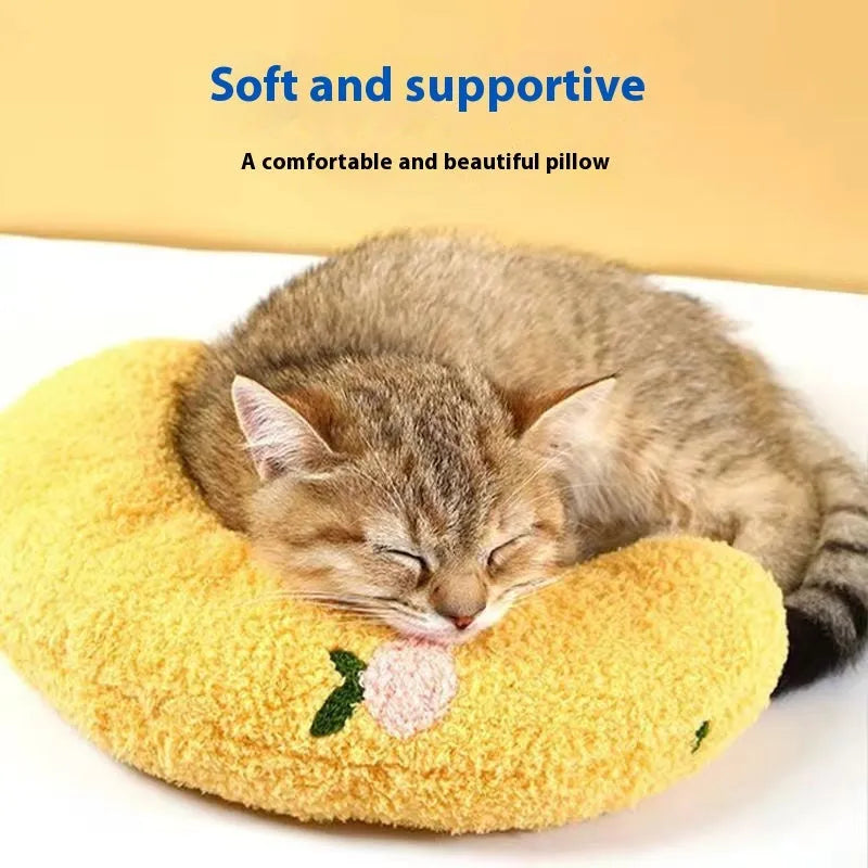 Cat U-shaped neck protection pillow in moon and question mark styles with blue, white and yellow colour options