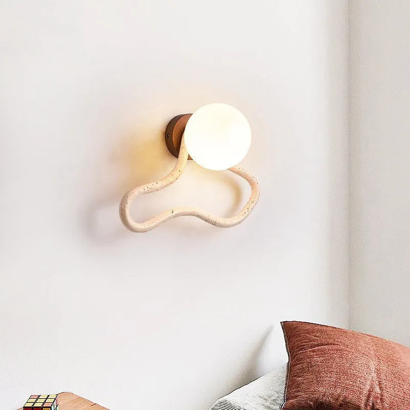 Middle ancient cream style bedroom bedside wall lamp with M white travertine and solid wood base, 30cm length, warm light