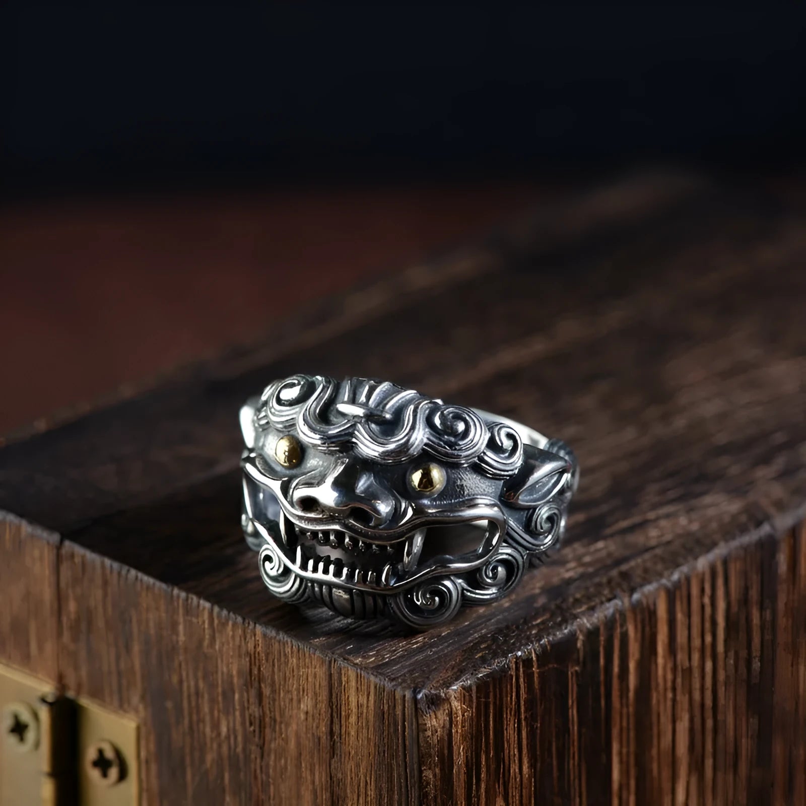 Personalised Jibeast pattern open style silver diamond ring on a hand.
