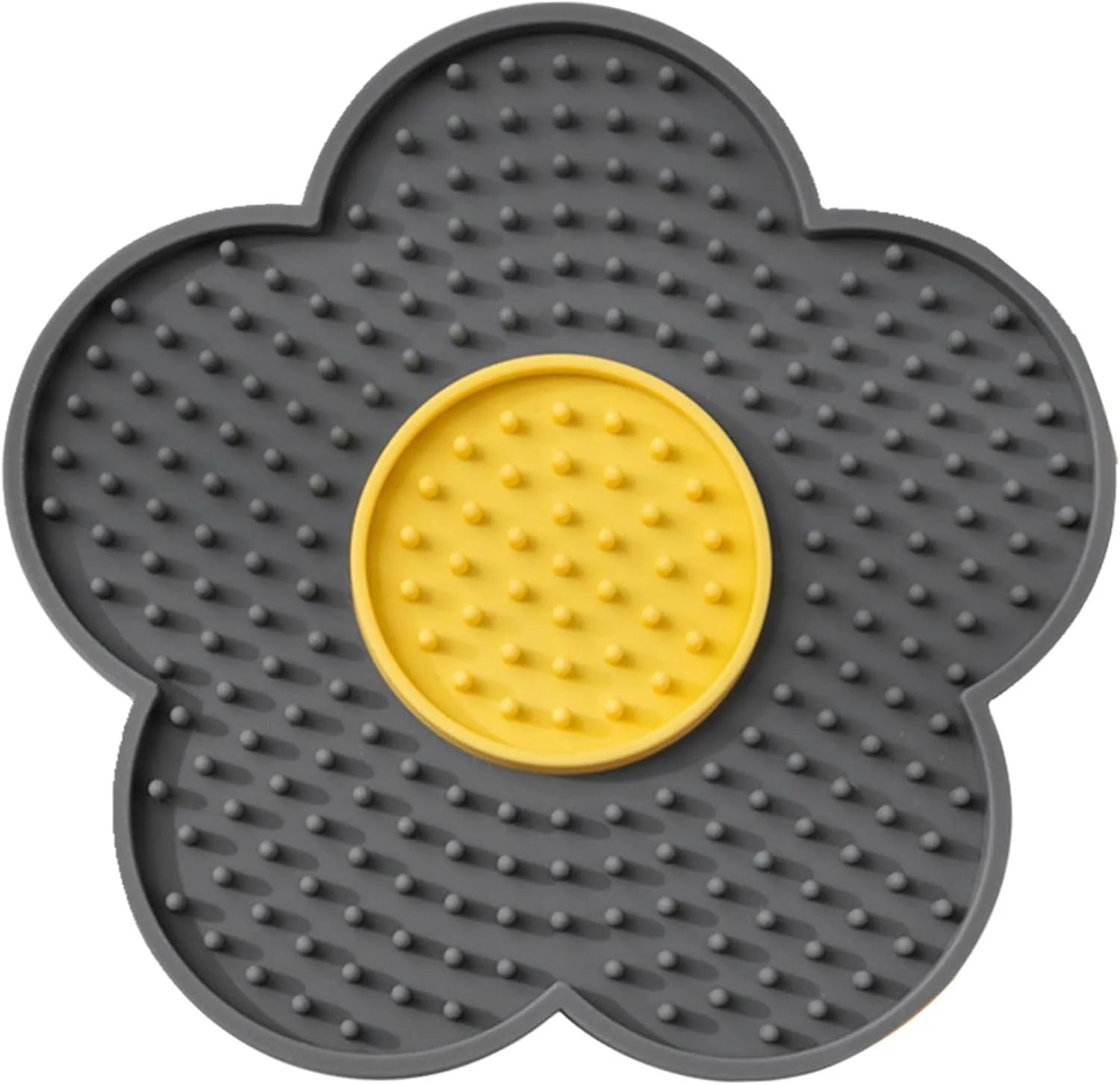 Flower-shaped silicone pet licking mat with suction cups on back in blue, grey, pink, purple, or red