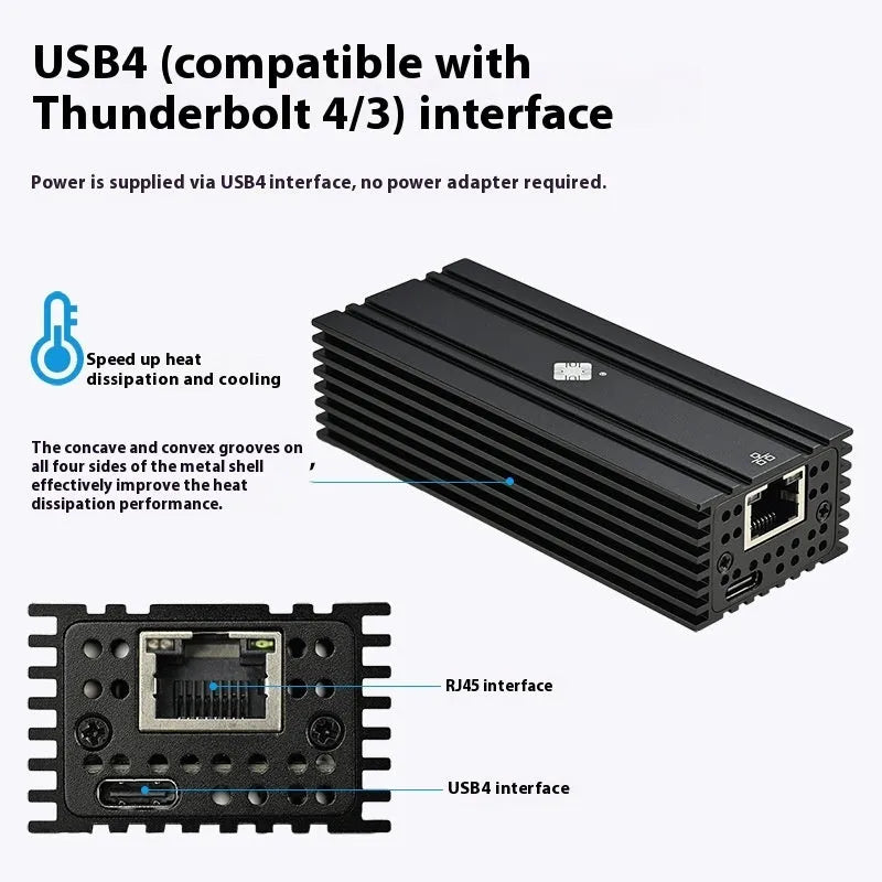 Black Leyu USB4 10 Gigabit Ethernet network adapter with RJ45 port and 20cm cable