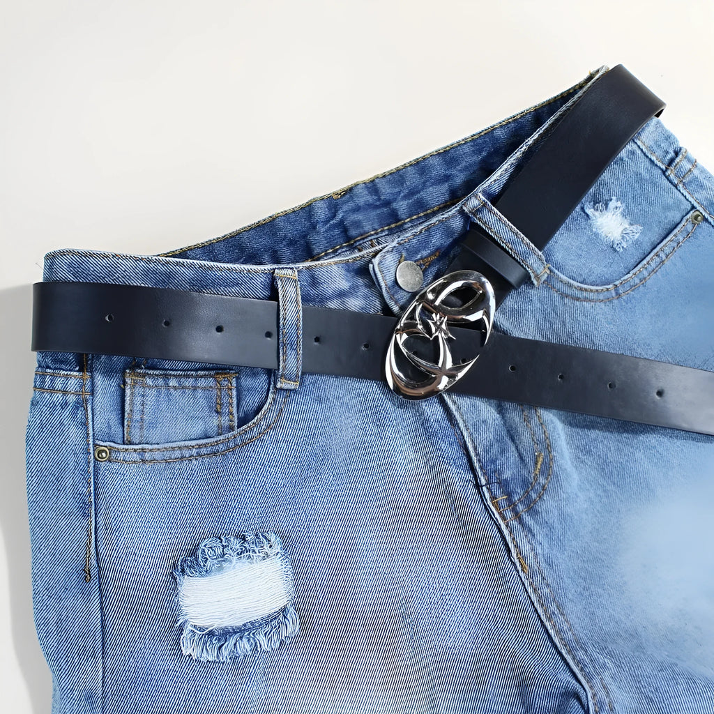 Men's casual silver buckle belt with PU leather strap shown fastened
