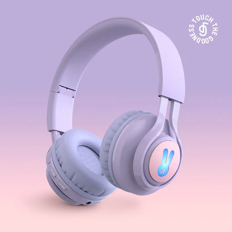 Wireless children's headphones with RGB lights in bunny pink or purple colour
