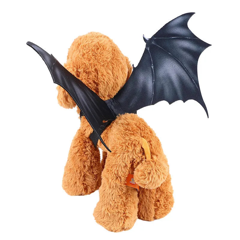 Black bat wing Halloween costume for pets showing three size options for cats and dogs