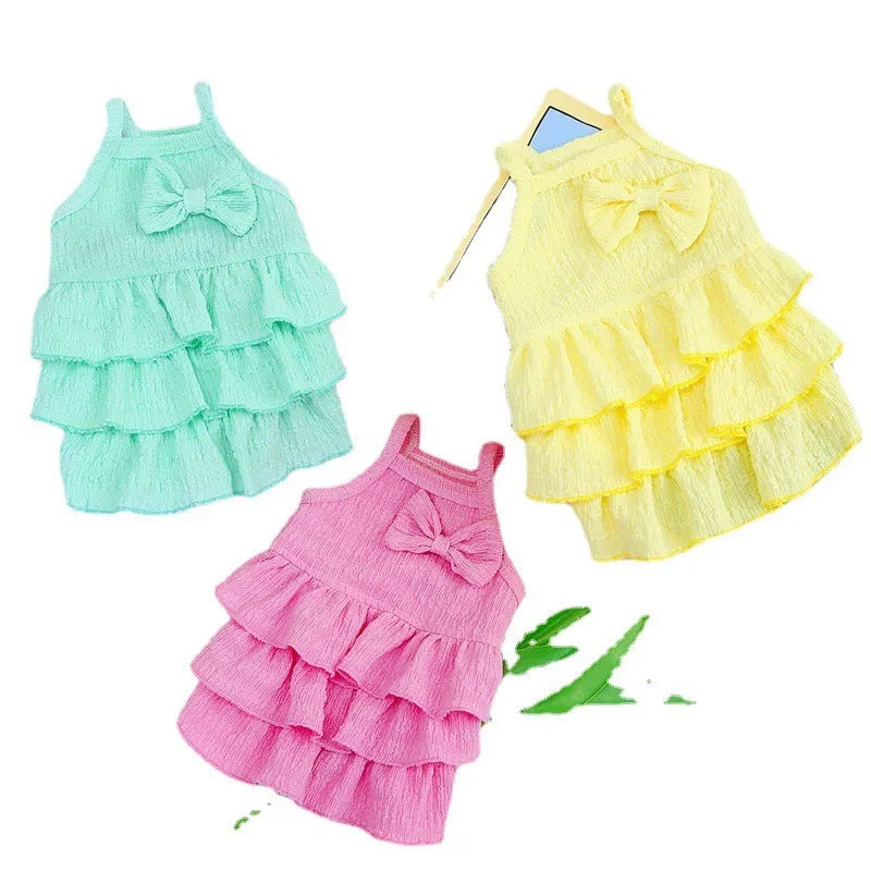 Small dog wearing princess dress with layered skirt in candy colour, suitable for thin teddy bichon breeds
