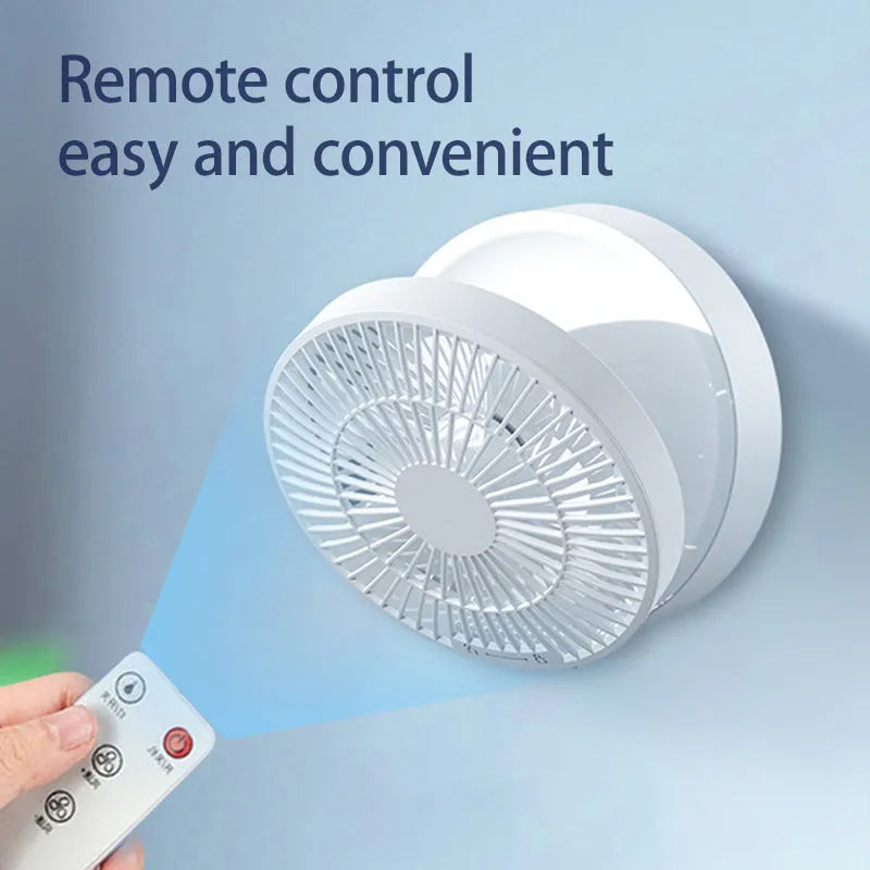 White portable rechargeable folding fan with remote control and night light on desktop
