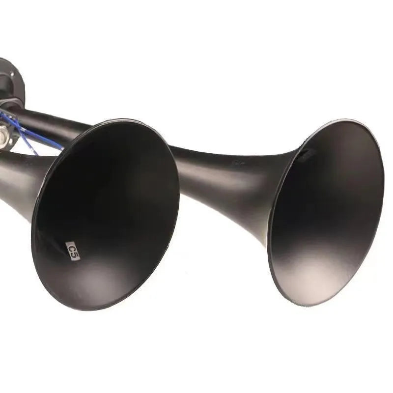 Black dual-trumpet 12V 24V air horn kit with compressor for universal vehicle fitment