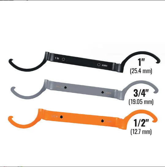 Three magnetic suction wrenches in orange, grey, and black colours with a crescent design.