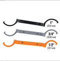 Three magnetic suction wrenches in orange, grey, and black colours with a crescent design.