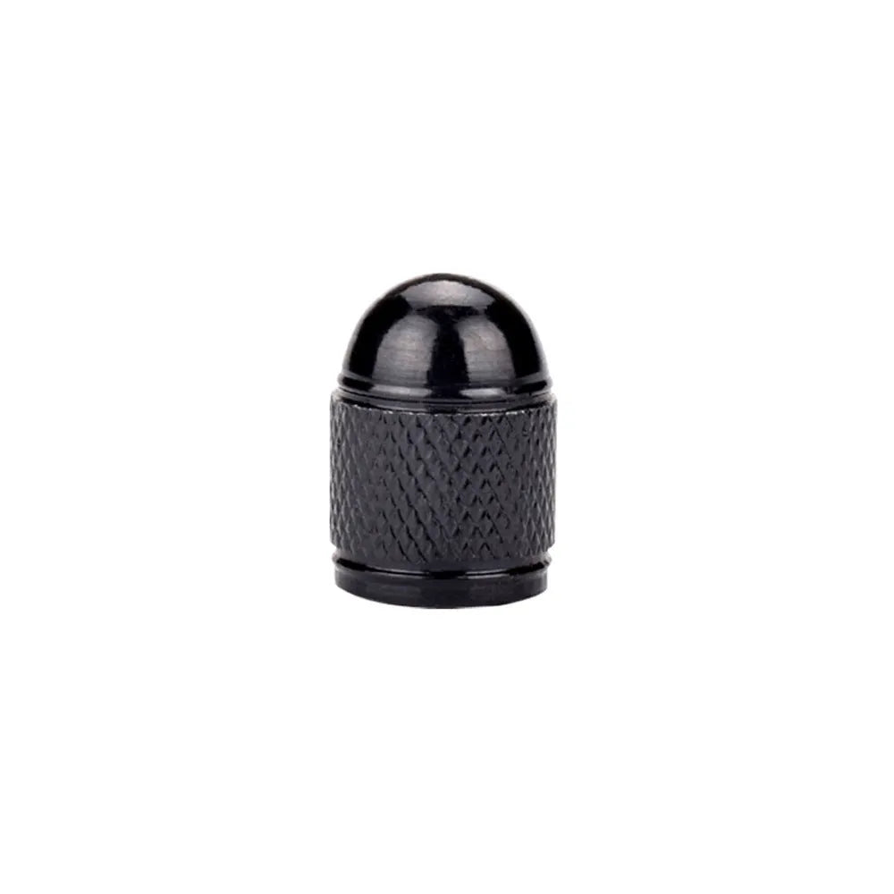 Aluminium mountain bike tyre valve cap shown in five colour options: black, blue, gold, silver, and red.