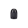 Aluminium mountain bike tyre valve cap shown in five colour options: black, blue, gold, silver, and red.