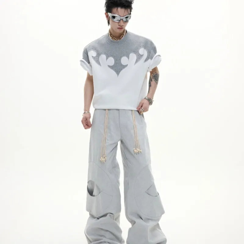 Men's red heavy cotton t-shirt with three-dimensional burnt flower rhinestone stitching and drop-shoulder sleeves