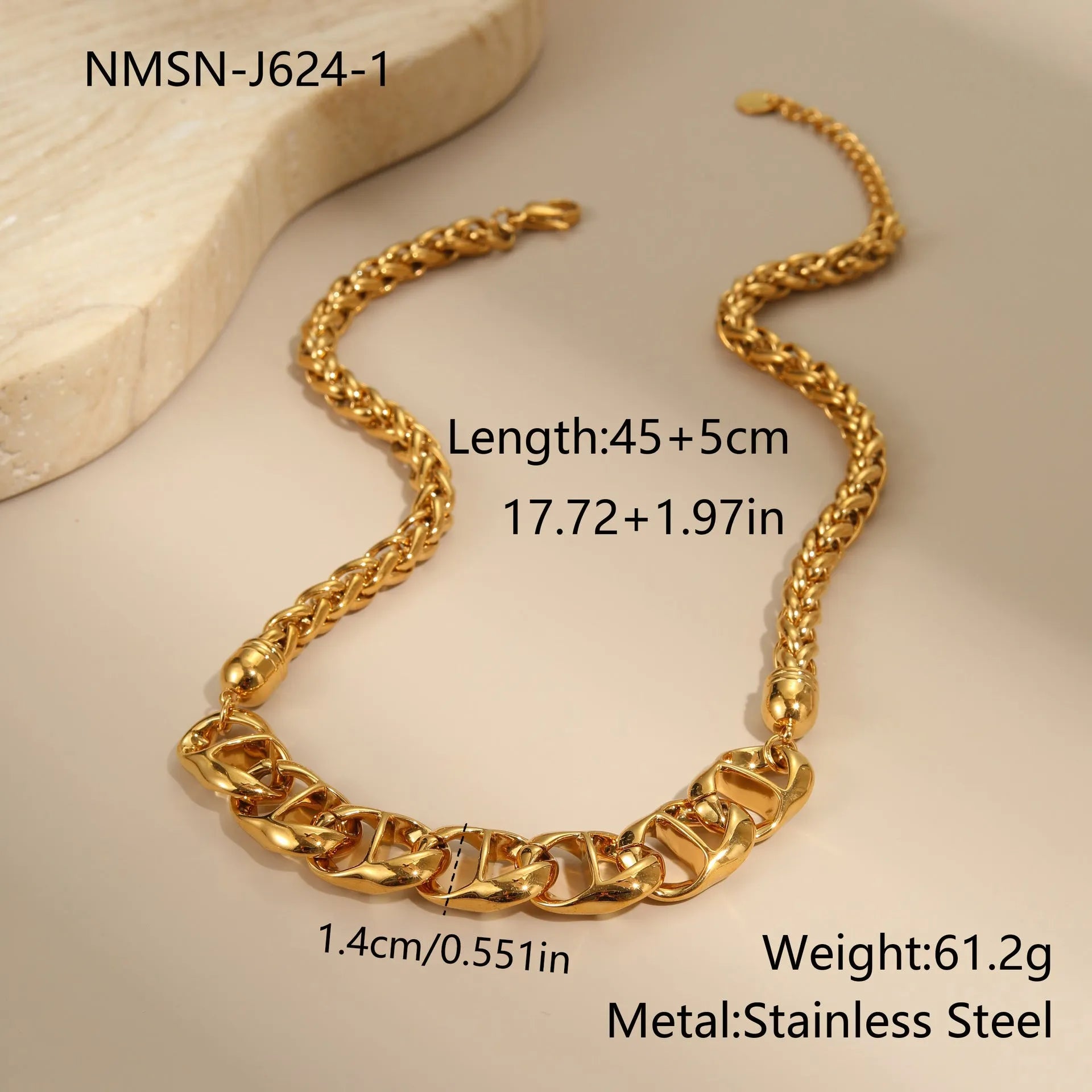 Stainless steel geometric chain necklace with 18K gold electroplated finish